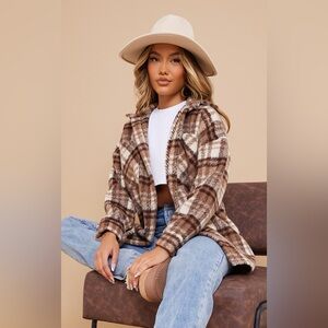 NWT Pretty Little Thing BROWN BRUSHED OVERSIZED LONGLINE SHACKET Size XS
